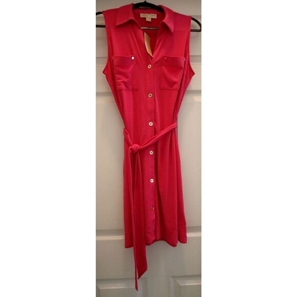 Michael Kors Women's Sz M Electric Pink Sleeveless Button Down Shirt Dress - Picture 6 of 8